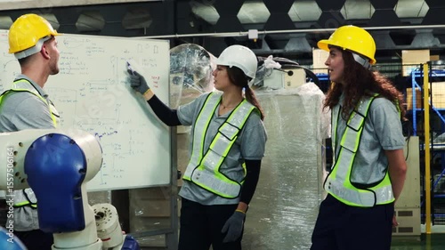 Group male and female robot engineers meet robot discuss and write their work blackboard understand offer ideas and listen their opinions work will be successful completed according to the goal.