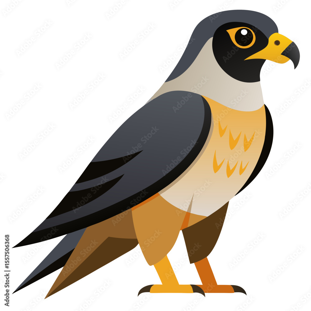 Fototapeta premium Stylized Peregrine Falcon Illustration with Bold Colors and Geometric Shapes Standing Tall on a White Background Perfect for Educational Material or a Nature Themed Design