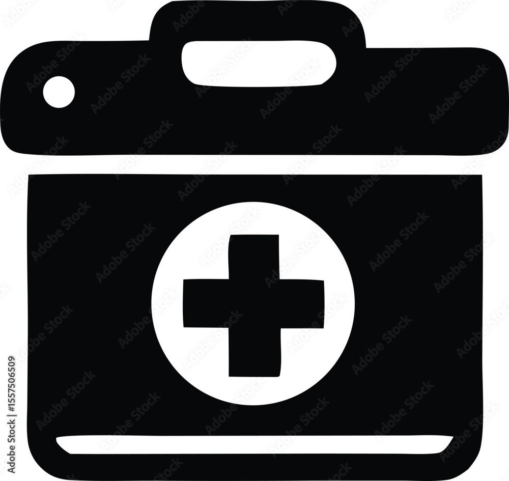 Obraz premium Simple black and white illustration of a medical first aid kit with a prominent red cross symbol on its front
