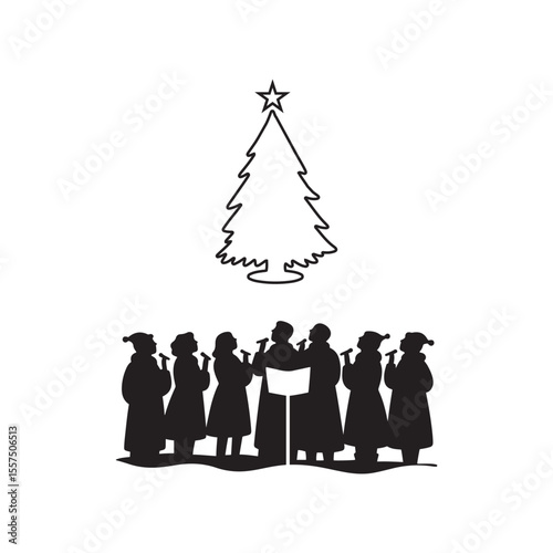 Group Singing Christmas Carols – Winter Night Silhouette Vector in Black and White