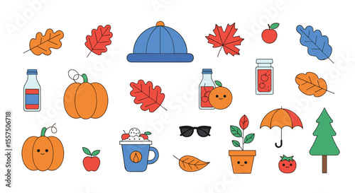 Autumn Season Collection Featuring Pumpkins Leaves Warm Hat Drinks Umbrella and Potted Plant