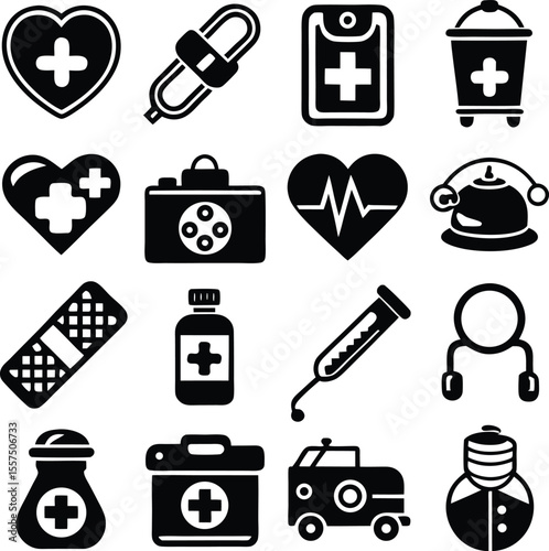 A collection of black and white medical icons representing healthcare services and equipment for wellness and emergency situations