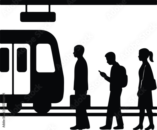 Silhouette train station passengers commuting on railway platform Vector illustration