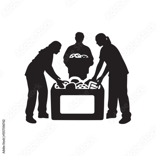 People Volunteering at Food Drive – Silhouette Vector in Black and White