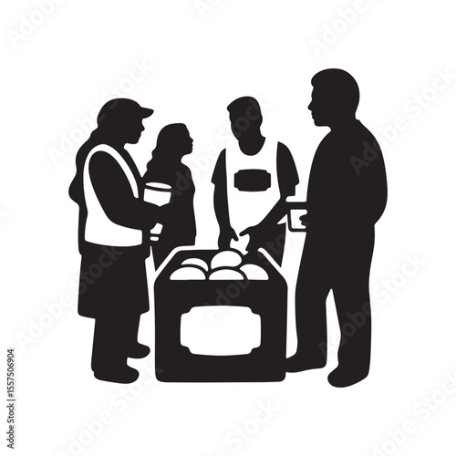 People Volunteering at Food Drive – Silhouette Vector in Black and White