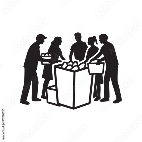 People Volunteering at Food Drive – Silhouette Vector in Black and White