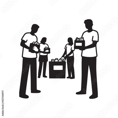 People Volunteering at Food Drive – Silhouette Vector in Black and White