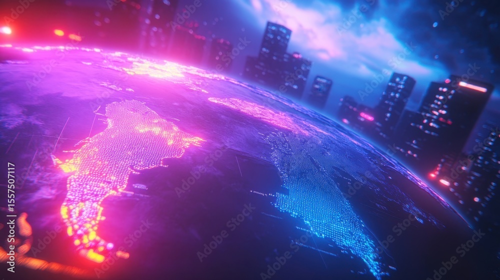 Fototapeta premium Vibrant futuristic city with glowing world.