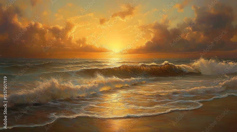 Obraz premium Golden sunrise over a tranquil ocean shore. Soft waves crash gently onto a sandy beach, illuminated by a brilliant, warm sunrise. Clouds fill the sky, painted in hues of orange and gold