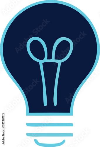 A simple modern stylized illustration of a light bulb in dark blue with a bright cyan outline and filament representing ideas and innovation