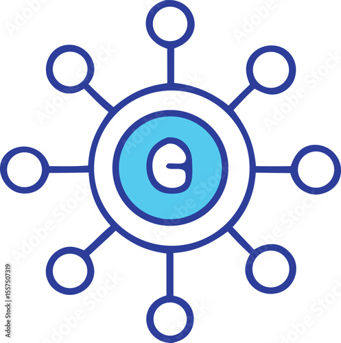 Abstract blue circular network diagram with a central letter e symbol representing connection and communication