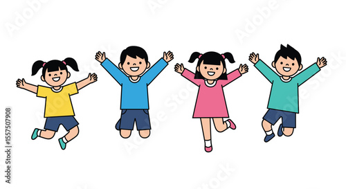 Joyful young children leaping with happiness and energetic movements in a lively illustration depicting childhood enthusiasm and playful activities