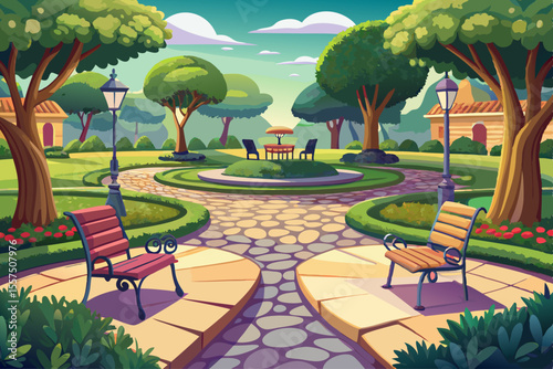 vector of A beautiful park that is covered with cobblestones, artificial grass is used on the cobblestones, and special park chairs can be seen...