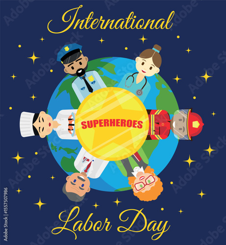 international labor day poster with figures of people of different professions in professional uniform