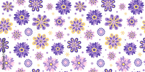 Pattern with abstract bright flowers. Set of simple plant drawings. Hand drawn illustration. Seamless background, texture.