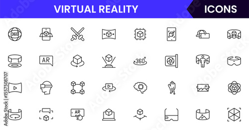 Vector illustration web line icon collection for Virtual Reality, featuring sleek headsets, controllers, and immersive digital worlds, designed with modern, minimalist aesthetics.