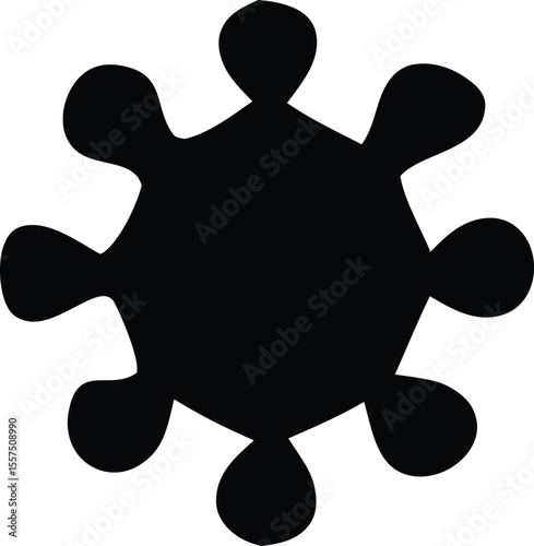 A striking black abstract symbol with seven rounded petal like protrusions extending outwards from a central hexagonal shape on a white background