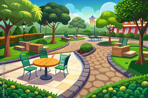 vector of A beautiful park that is covered with cobblestones, artificial grass is used on the cobblestones, and special park chairs can be seen...