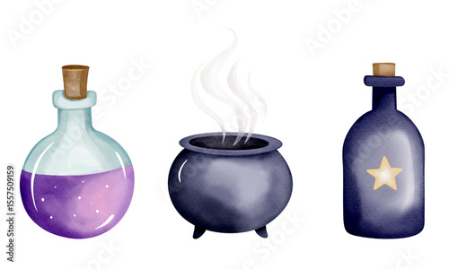 Fantasy watercolor collection with bubbling cauldron and potion bottles in purple tones