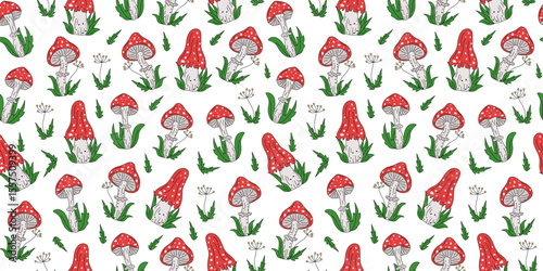 The pattern seamless, cartoon mushrooms. Amanita, fly agaric, mushrooms and leaves. Hand drawn icons, doodle drawings, illustration.