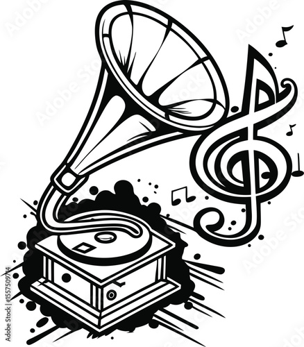 Retro gramophone with musical notes and instruments, an old-style illustration of vintage sound entertainment