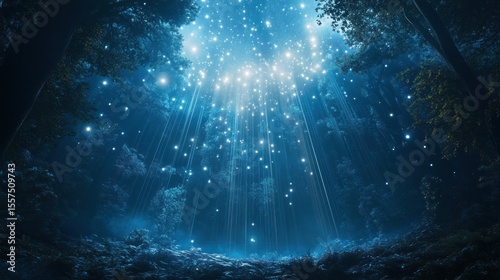 Mystical forest at night, glowing lights