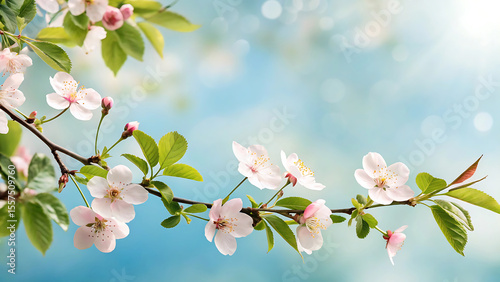 Delicate Cherry Blossoms Adorn a Branch Springtime Floral Beauty against a Serene Sky Fresh Springtime Blossoms Background