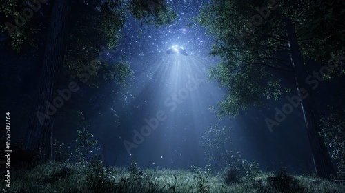 Mystical forest at night, light rays
