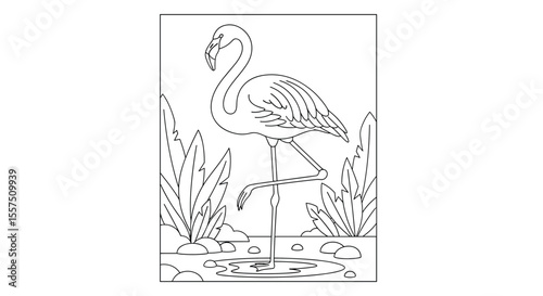 A graceful flamingo stands elegantly amidst lush tropical plants and shallow water in this detailed line art illustration