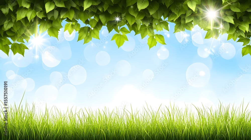 Fototapeta premium Vibrant Green Grass and Leaves Spring Summer Nature Background