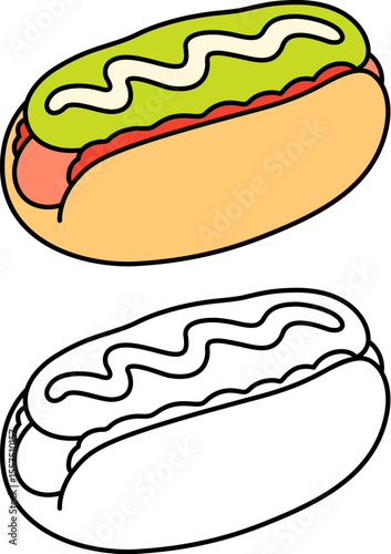 Completo Italiano, traditional Chilean hot dog with tomato, avocado and mayo. Cartoon vector icon. Color illustration and black and white line art for coloring.