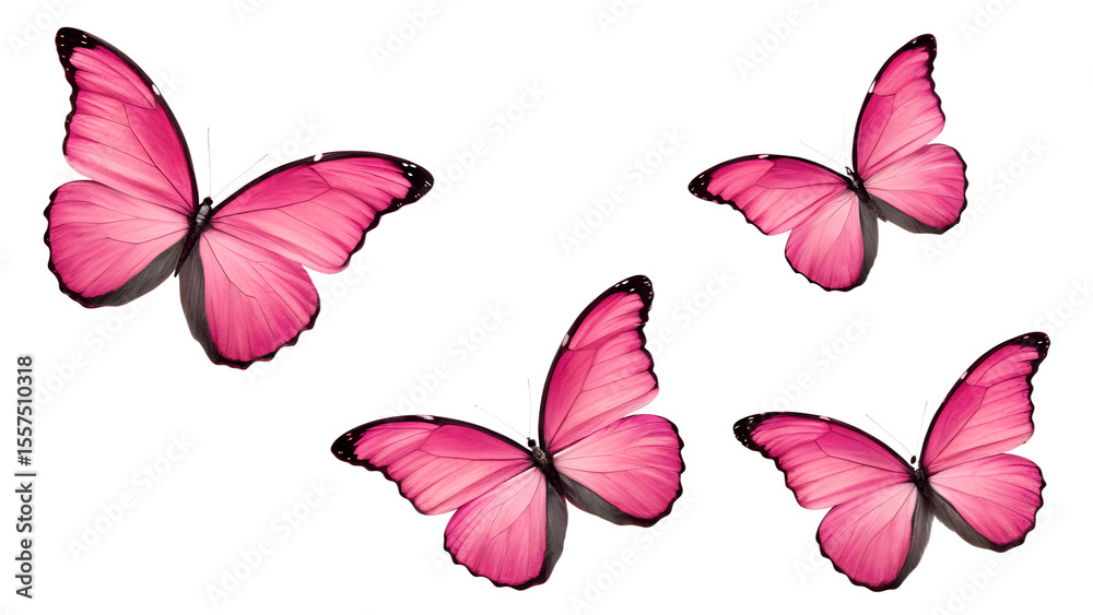 Obraz premium Four pink butterflies with spread wings isolated on transparent background, a vibrant and delicate image