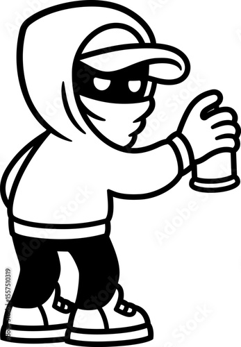 Graffiti artist character black and white comic style drawing. Masked person spray painting on the wall. Vector clipart illustration.