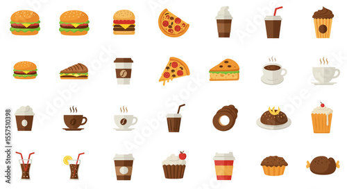Colorful Food and Drink Icon Set – Sandwiches, Desserts, Beverages, and Snacks