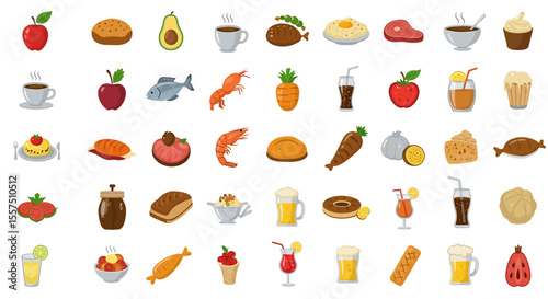 Colorful Food and Drink Icon Set – Sandwiches, Desserts, Beverages, and Snacks