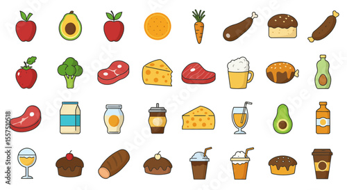 Colorful Food and Drink Icon Set – Sandwiches, Desserts, Beverages, and Snacks