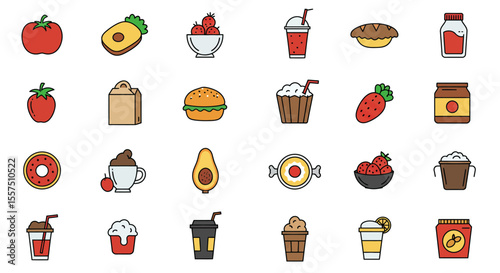 Colorful Food and Drink Icon Set – Sandwiches, Desserts, Beverages, and Snacks