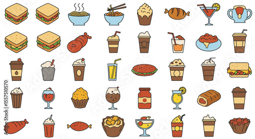 Colorful Food and Drink Icon Set – Sandwiches, Desserts, Beverages, and Snacks