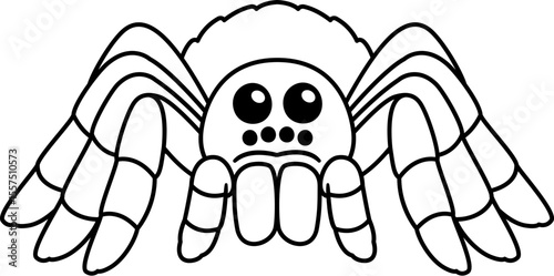 Cute cartoon tarantula spider drawing.  Black and white line art vector illustration.