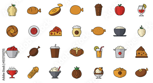 Colorful Food and Drink Icon Set – Sandwiches, Desserts, Beverages, and Snacks