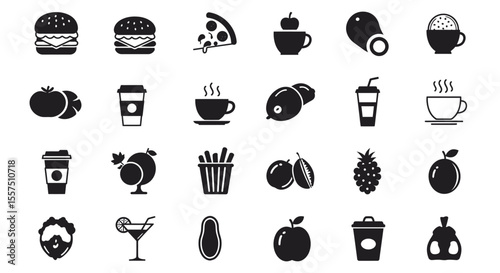 Colorful Food and Drink Icon Set – Sandwiches, Desserts, Beverages, and Snacks