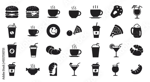 Colorful Food and Drink Icon Set – Sandwiches, Desserts, Beverages, and Snacks