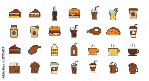 Colorful Food and Drink Icon Set – Sandwiches, Desserts, Beverages, and Snacks