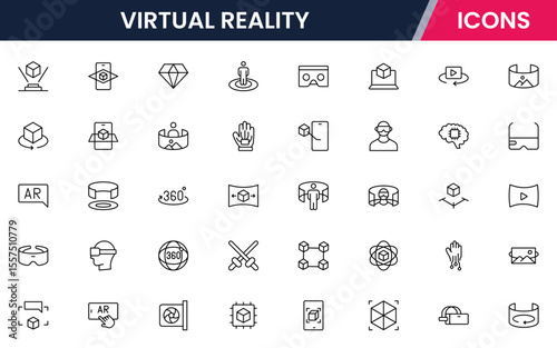 Vector illustration web line icon collection for Virtual Reality, featuring sleek headsets, controllers, and immersive digital worlds, designed with modern, minimalist aesthetics.
