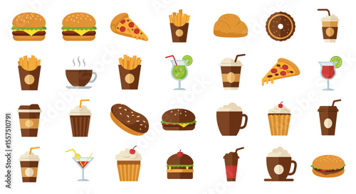 Colorful Food and Drink Icon Set – Sandwiches, Desserts, Beverages, and Snacks