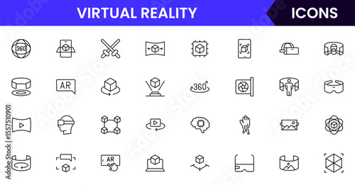 Vector illustration web line icon collection for Virtual Reality, featuring sleek headsets, controllers, and immersive digital worlds, designed with modern, minimalist aesthetics.