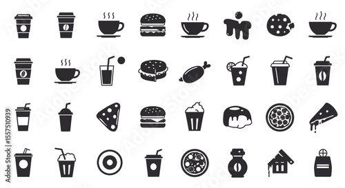 Colorful Food and Drink Icon Set – Sandwiches, Desserts, Beverages, and Snacks