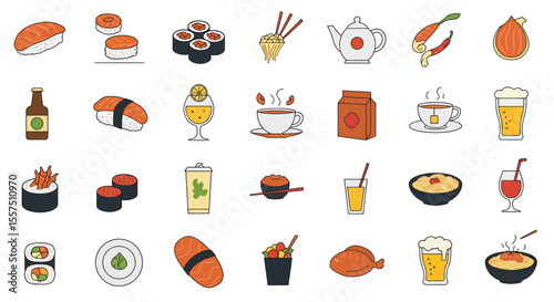 Colorful Food and Drink Icon Set – Sandwiches, Desserts, Beverages, and Snacks