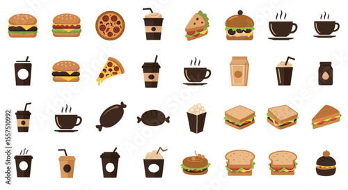 Colorful Food and Drink Icon Set – Sandwiches, Desserts, Beverages, and Snacks