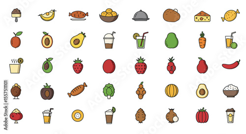 Colorful Food and Drink Icon Set – Sandwiches, Desserts, Beverages, and Snacks